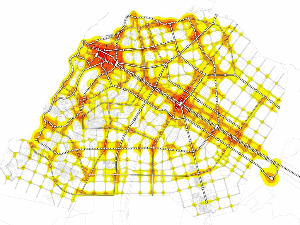 Superimposition of population density and public transport accessibility areas