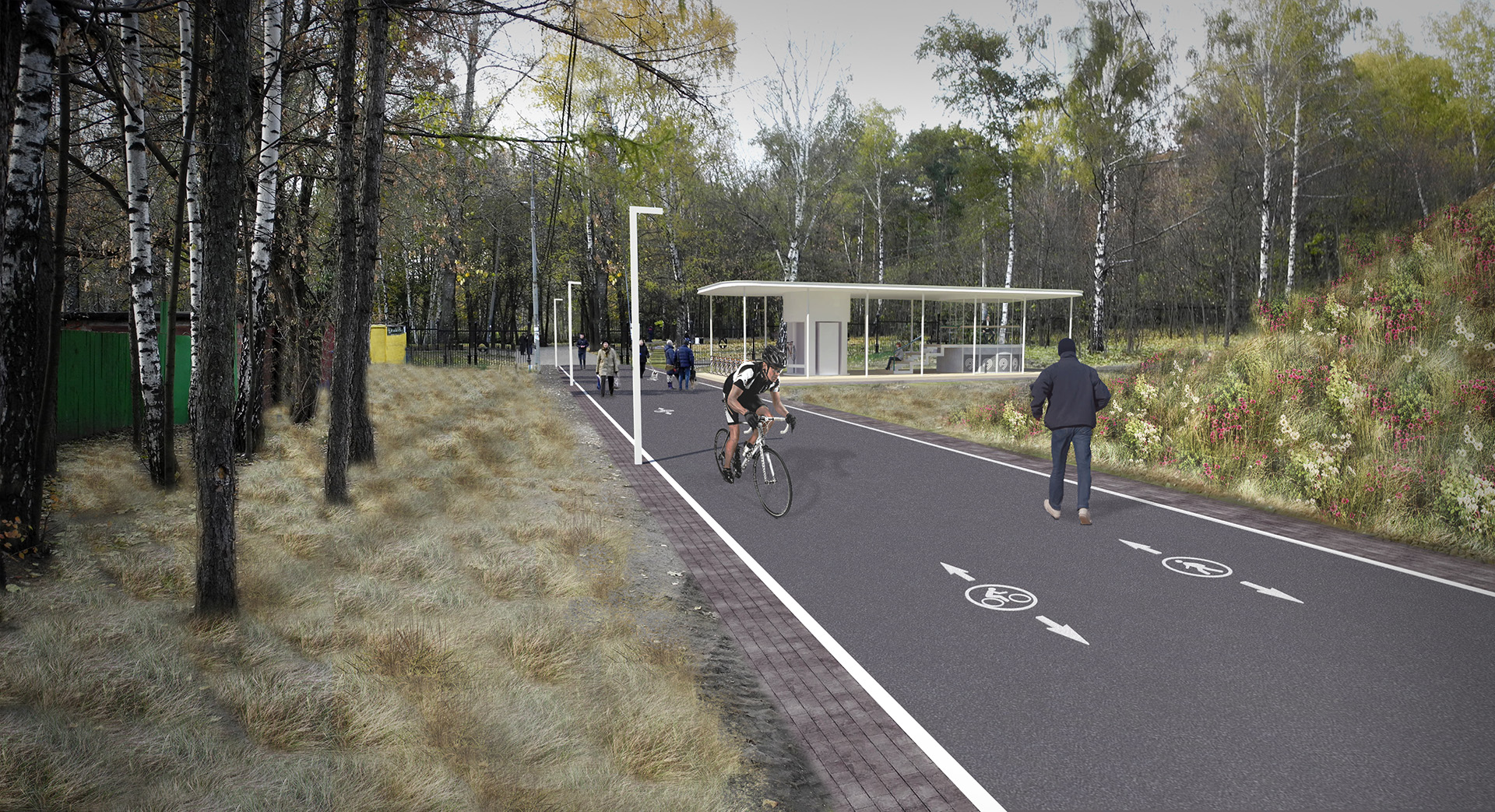 View of the cycle route and bicycle pavilion in Pokrovskoye – Streshnevo park