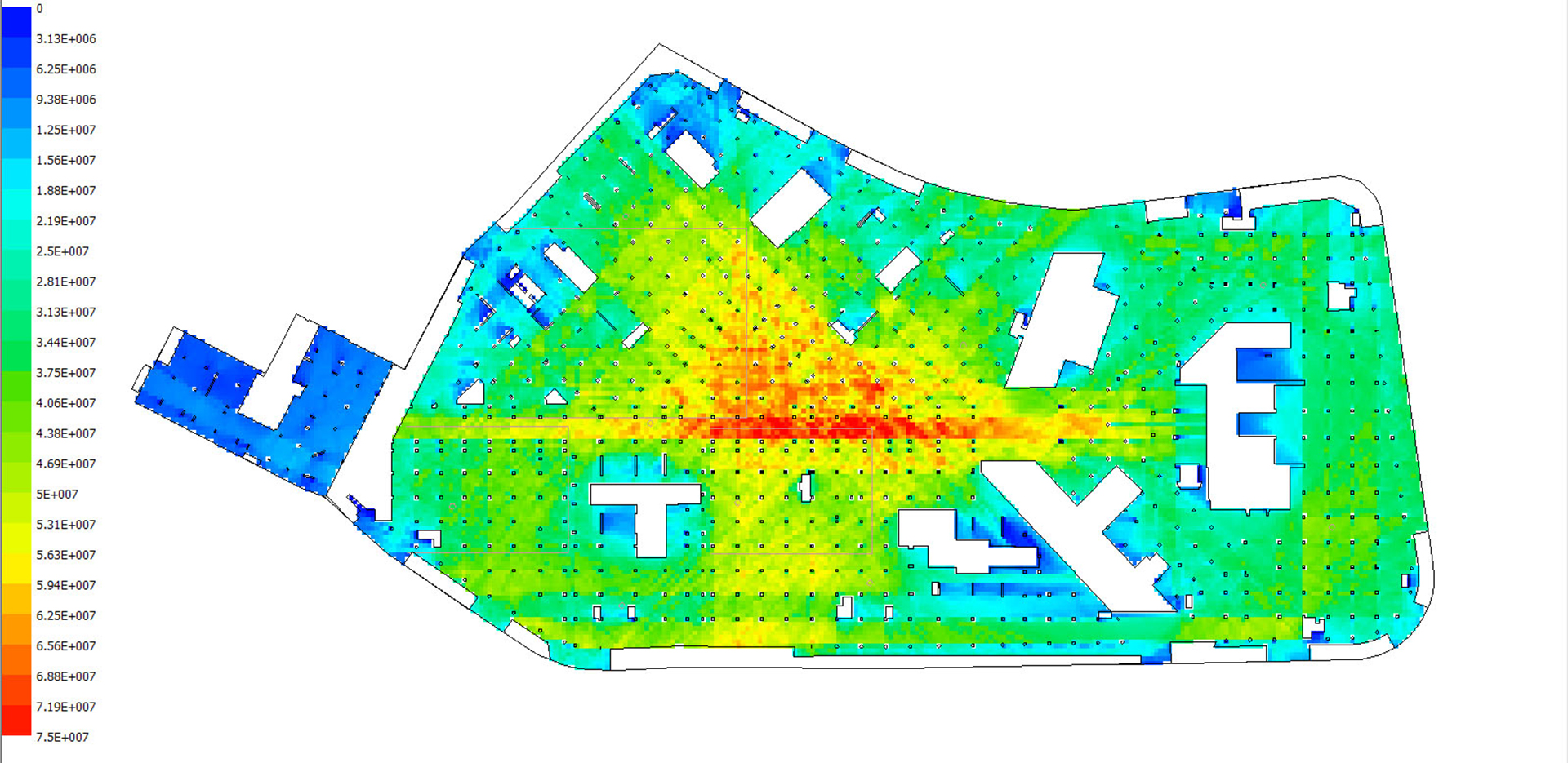 Visibility analysis, the plan shows the area that can be seen from each point in the car park