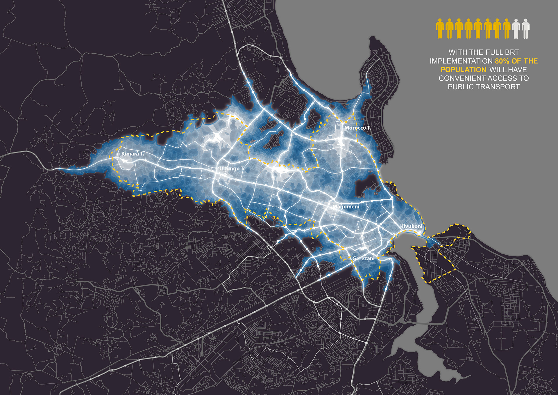 The public transport density indicator identifies areas of Dar es Salaam's existing and future urban territory that have high levels of public transport accessibility