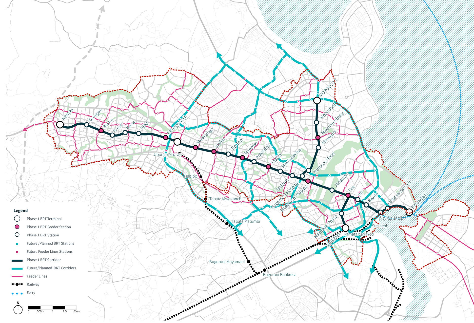 Full implementation of the public transportation network within the corridor development area: the final phase will result in an integrated and connected network of the three levels of public transportation, including a core network of high frequency lines (BRT and feeder lines) complemented by a dense network of medium frequency lines