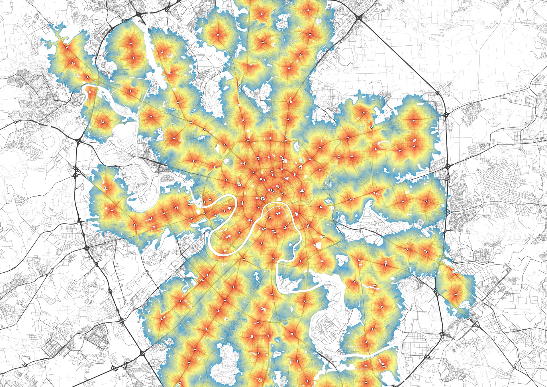 GIS analysis for the Moscow Pedestrian Masterplan study - isochrone cycle accessibility from metro stops