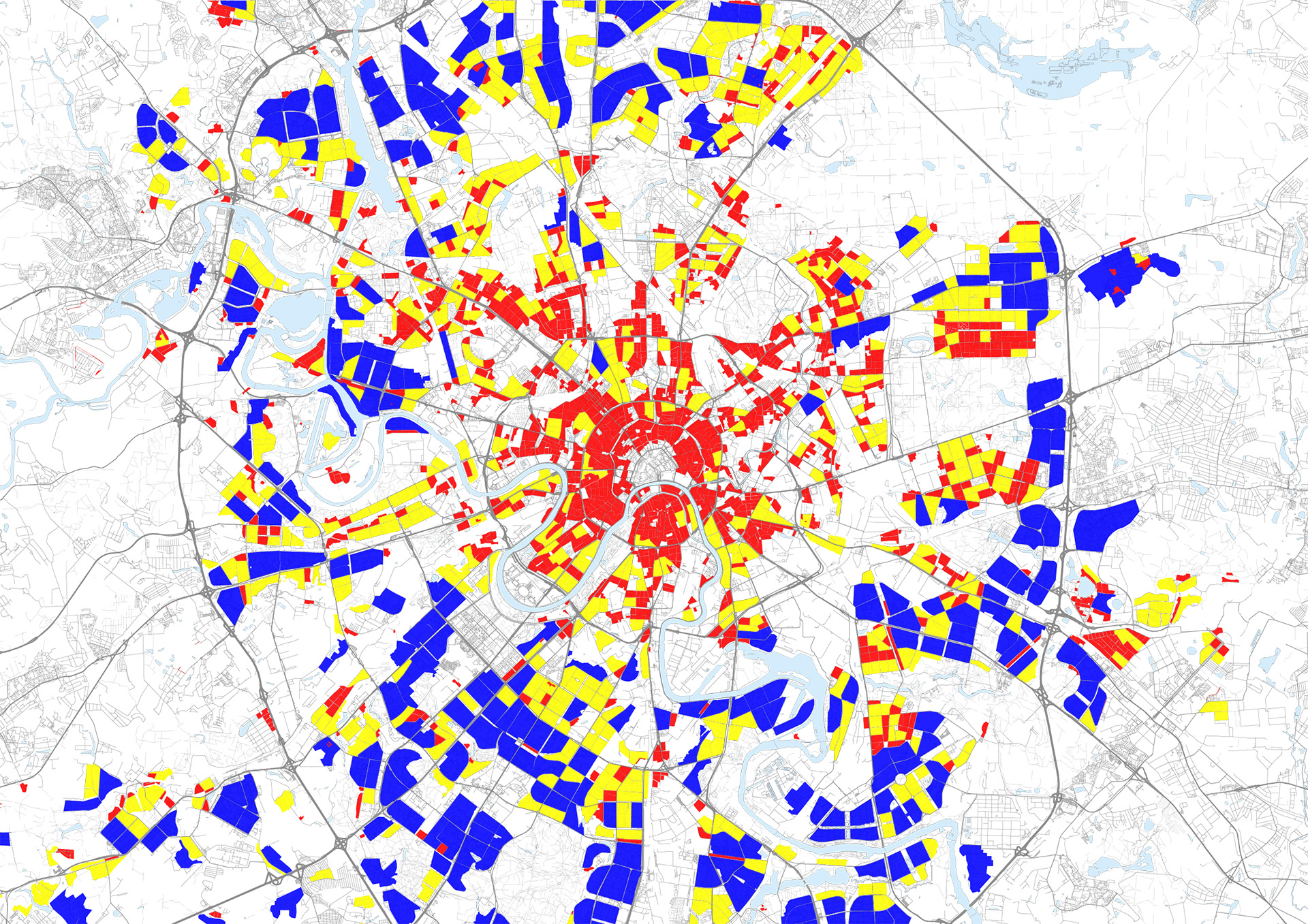 Analisi GIS per lo studio del Masterplan pedonale di Mosca - mappatura delle aree edificate per dimensione degli isolati