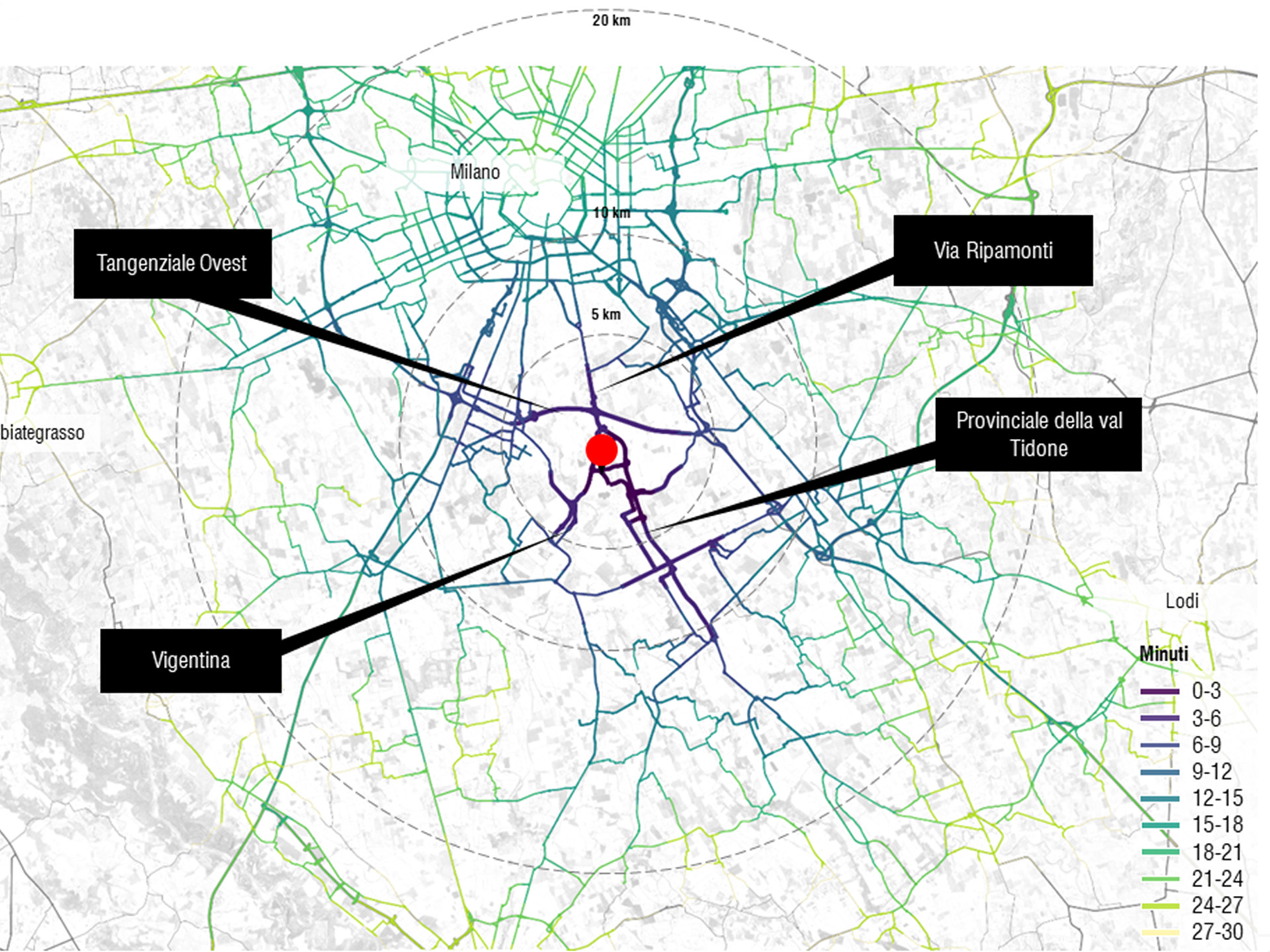 Vehicular access isochrone showing the main trajectories and the travel time
